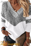 Women Elegant Patchwork Print Knit Sweater 2023 Autumn Sexy V-Neck Long Sleeve Pullover Tops Ladies Winter Casual Loose