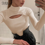 Long Sleeve 2020 Turtleneck Hollow Out T Shirt Women Black Basic Knitted Top Autumn Winter Casual Sexy Top Shirts