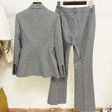 STREET Newest 2022 Designer Suit Set Women's Career Style Single Button Plaid Blazer Flare Pants