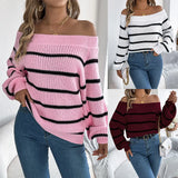 Shooting 2025 Autumn And Winter Casual Striped Out-The-Shoulder Lantern Sleeve Head Sweater Women's
