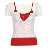 Spice Girl Wave Point Impact Color Two Sets Of Tight Impact Color Lace Suspenders Small Vest Half-Button Short-Sleeved Knitted Blouse-Outfit