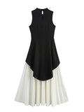 Fongt Dress Women's 2025 Spring Temperament Elegant Splicing Pressure Folding Long Dress Atmosphere Black And White