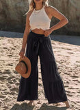 Fongt Women's Fashion Temperament Strap Spliced High-Waisted Folds Broad Leggings Casual Loose Trousers