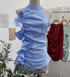 Fongt Design Sleeveless Leaves Three-Dimensional Flower Blouse Atmosphere Slimming Waist 1166