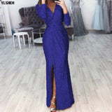 Evening Party African Dresses for Women Plus Size Glitter Long Sleeve Peplum Vestidos Africa Clothing Maxi Dress Elegant