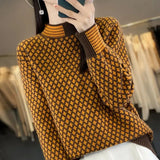 Winter Vintage Knitted Jumpers Casual Half High Collar Spliced Female Clothing Long Sleeve Fashion Asymmetrical Sweaters-Outfit