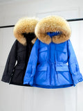 Huge Real Raccoon Fur Hooded Waterproof Winter Duck Down Jacket Women Fashion Female Parkas Sash Tie Up Puffer