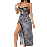 Fongt Women's Personality Metal Ring Zebra Sexy Deep V Hollow High Fork Dress 11876