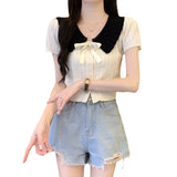 Fongt Bow Hit Color Doll Cardigan Knitted Women's Summer Little Yang Short