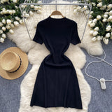 Fongt Temperament Half-High Collar Short-Sleeved Dress Female Design Button-Skinny Open Fork Medium Long Knitting Skirt