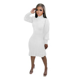 Fongt New Women's Solid Color High Collar Flounce Handmade Knitted Dress-Outfit