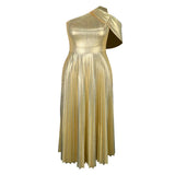 Fongt Summer New Elegant One-Shoulder Sleeveless Dress Dress Banquet Of Gold Folds Dress Dress