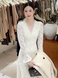Fongt Xixi 13 Line 2025 Autumn White Standard Temperament Lace Knitted Dress Showing Thin High Waist Long Dress 88457