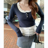 Lace Lace Long-Sleeved T-Shirt Women's Early Spring New Style Slim And Slim Fake Two Inner