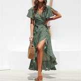 Fongt 2024 Hot Sexy V Collar Irregular High Waist With Chiffon Print Dress Spot-Outfit