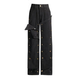 Vintage High Street Broad Leg Pants 2025 Summer New Personalized Design Stitching Button High-Waist Jeans