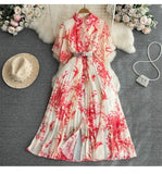 Fongt Style Retro Temperament Short-Sleeved Clapping Single-Dran A-Word Print 100-Fold Shirt Dress Summer