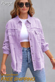 Holes Raw-edges Denim Jacket Women Spring Autumn Shirt Style Jeancoat Casual Top Rose-Red Orange Purple Outerwear Lady