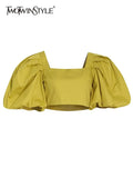 Casual Loose Shirt For Women Square Collar Puff Sleeve Solid Minimalist Blouses Female Summer Clothing Style