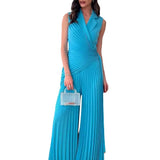 Fongt Summer New Fashion Lapel Multi-Pleated Solid Color Wide Leg One-Piece Trousers Women-Outfit