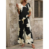 Fongt Summer Set Printing V-Neck Bat Sleeve Blouse Long Pants Fashion Two-Piece