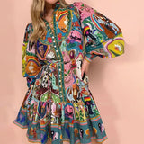 Fongt Women's Printed Round-Neck Belt Folded Lotus Leaf Side Retro Folded Dress