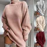 and Winter New Women's Knitwear Pullover Mid-length Raglan Sleeves Half Turtleneck Sweater Dress Loose and Soft-Outfit