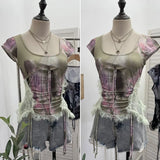 Fongt Industrial Lace Splicing Elastic Print With Bow Short-Sleeved T-Shirt 6185