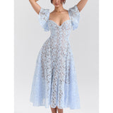 Fongt Women's New Deep V Lace Hollow Dress