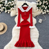 Fongt Retro Doll Collar Horn Sleeve Dress Women Autumn Waist Thin Temperament Knitted Dress