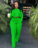 Back Long Fashion Pleated Blouse And Pants Solid Color Wide Leg Two-piece