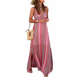 Fongt Women's New Summer Bohemian Print V-Neck Sling Open Dress 8018