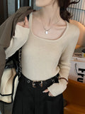Sweater 2023 Early Autumn New Thin Sweater Short Sweater With Square Collar And Long Sleeves Inside-Outfit