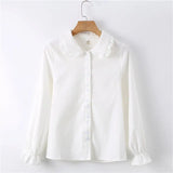 Arrival Solid Peter pan Ruched Collar White Shirt Lantern Sleeve Button Up Casual Brown Sweet Blouse Feminina Blusa