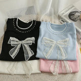 Style Beading Bowknot T Shirts Women's O Neck Short Sleeve Knitted Sweet Tee Tshirt Summer Slim Thin Top-Outfit