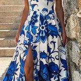 Fongt 2025 Women's Dress Sexy Temperament Print V-Neck Sling Elegant Open-Fork Dress