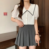 Goods Temperament Doll Collar T-Shirt Women's Summer New Splicing Head Chiffon Temperament Waist Short-Sleeved