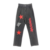 Vintage Stars Print Ripped Straight Wide Leg Jeans-Outfit