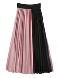 2024 High Elastic Waist Thin Large Hem Color Contrast Pleated Medium Length Skirt Patchwork Women Irregular Clothing TH370-Outfit