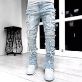 Fongt Men's New Fashion Trend Sticker Jeans Repair Multi-Color Elastic Micro-Tight Straight