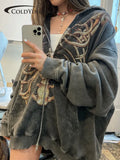 y2k Skeleton Jackets Loose Grey Zipper Hooded Coat Women Grey Pockets Retro Sweatshirts Women Grunge Outwear