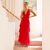 Fongt New Pure-Want Wind Red Pop Summer French Cake Skirt Femininity Sleeveless V-Neck Dress