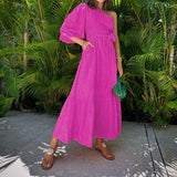 Fongt Spot 2024 Spring New Women's Fashion Temperament Inclined Shoulder Long Cotton And Linen Dress-Outfit