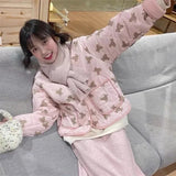 Preppy V-neck Quilted Parkas Cute Bear Full Printed Cartoon Sky Blue Warm Winter Jackets Female Students Kawaii