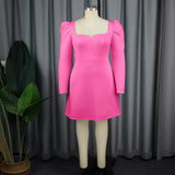 Fongt Elegant Square Collar Long Sleeve Dress Banquet Party Bareback Bow Dress Dresses Dresses