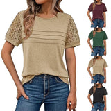 Fongt Summer New Women's Casual Loose Round-Neck Lady T-Shirt Solid Color Lace Splicing