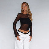 Fongt Summer New Round Neck Long Sleeve Mesh Perspective Exposed Waist Top With Hot Girl T-Shirt