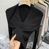 Threaded Deep V Long-Sleeved T-Shirt Women's Spring And Autumn New Slim Bottom Shirt With Pure Sexy Solid Color Blouse-Outfit