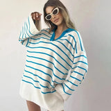 Women Sweater Pullover Knit Striped Polo Collar Autumn Casual Loose Long Sleeves Pullovers Warm Sweaters 2022 Fashion Lady