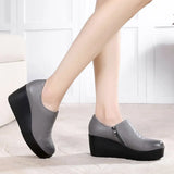 2021 Wedges Women Shoe Spring Autumn Slip-On High Heels Round Toe Genuine Leather Casual Ladies Platform Shoes